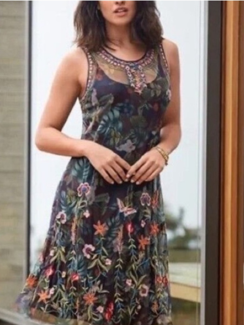 🪻Johnny Was Black Sheer Midi Dress with Multicolor Floral Embroidery - Picture 5 of 5